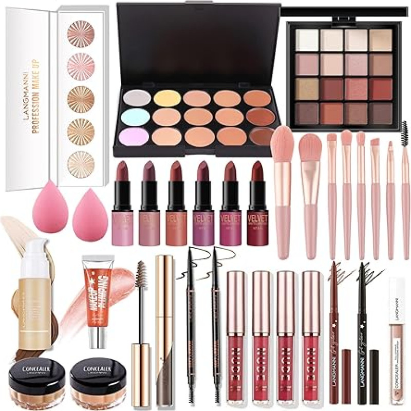 Profesionalūs makiažo rinkiniai, MKNZOME 33 dalių makiažo rinkinys su makiažo krepšeliu, makiažo dėklas, mergaičių užpildytos moterų makiažo paletės, kosmetika, akių šešėliai, lūpų blizgesys, gimtadienio, Kalėdų dovanų rinkinys, 33 dalys