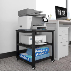 PUNCIA 3 Level Printer Table with Universal Castors Mobile Printer Stand Printer Trolley Storage Shelf 50 x 50 x 50 cm Black for Office Home Office School Study