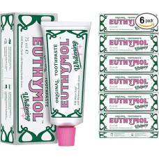Euthymol balinamoji dantų pasta 75 ml x 6, dantų pasta be GMO, be glitimo, be vitamino E, dantų apnašų šalinimas, antibakterinė dantų pasta, balti, švarūs, sveiki dantys, atgaivina dantų priežiūrą, švarios dantenos