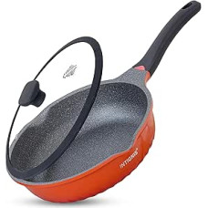 INTIGNIS Frying Pan Anti-Scratch Glass Lid - 28 cm / 30 cm Deep Sauté Pan, German Greblon Stone Coating - Induction Pan, Chemical-Free (Orange, 28)