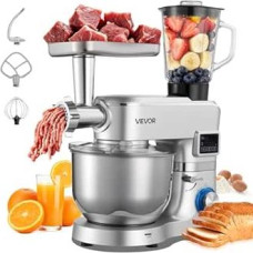 VEVOR daugiafunkcinis elektrinis 1500 W virtuvinis kombainas su nerūdijančio plieno dubeniu (5,7 l) ir maišymo puodeliu (1,5 l), tešlos maišytuvas su 6+P greičiais ir tešlos kabliu, šluotele ir plaktuvu
