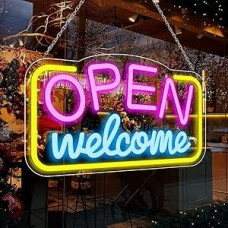 inShareplus Sveiki atvykę atidaryti LED neoninis ženklas 42 x 24 cm Dimmable Open Sign for Business Ultra Bright Illuminated Powered by 5V USB LED Neon Lights for Shops Restaurants