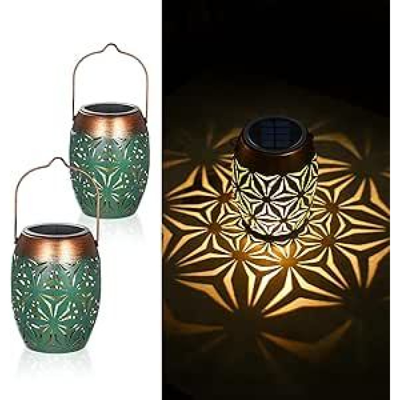 2 LED saulės žibintų rinkinys, lauko, retro IP65 šiltos baltos spalvos saulės žibintas, skirtas naudoti lauke, atsparus vandeniui, rytietiški metaliniai saulės žibintai, skirti lauko sodo dekoravimui balkone, kabantys balkone, derliaus rinkinys iš 2