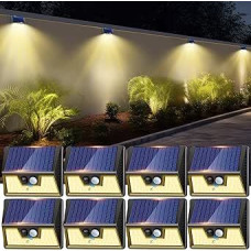 nipify Saulės šviesos žibintai lauke su judesio jutikliu, 8 saulės lempos lauke, 3 režimų saulės šviesos, saugumo sieninė lempa, vandeniui atspari lauko šviesos sieninė lempa namui, sienai sode [šiltai balta]