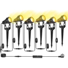 Garden Spotlight LED Outdoor Waterproof 20 Metres 6-in-1 Ground Spotlight, 3000 K Warm White, 12 V IP65, Garden Lighting with Power, with Plug for Patio, Garden Path, Party, Trees, Lawn, Ground