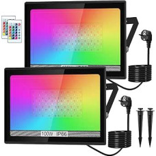 LED lauko prožektorius, 100 W RGB prožektorius su nuotolinio valdymo pulteliu, LED prožektorius, 16 spalvų, 4 režimai, IP66 vandeniui atsparus prožektorius sodams, kiemams (2 pakuotės)