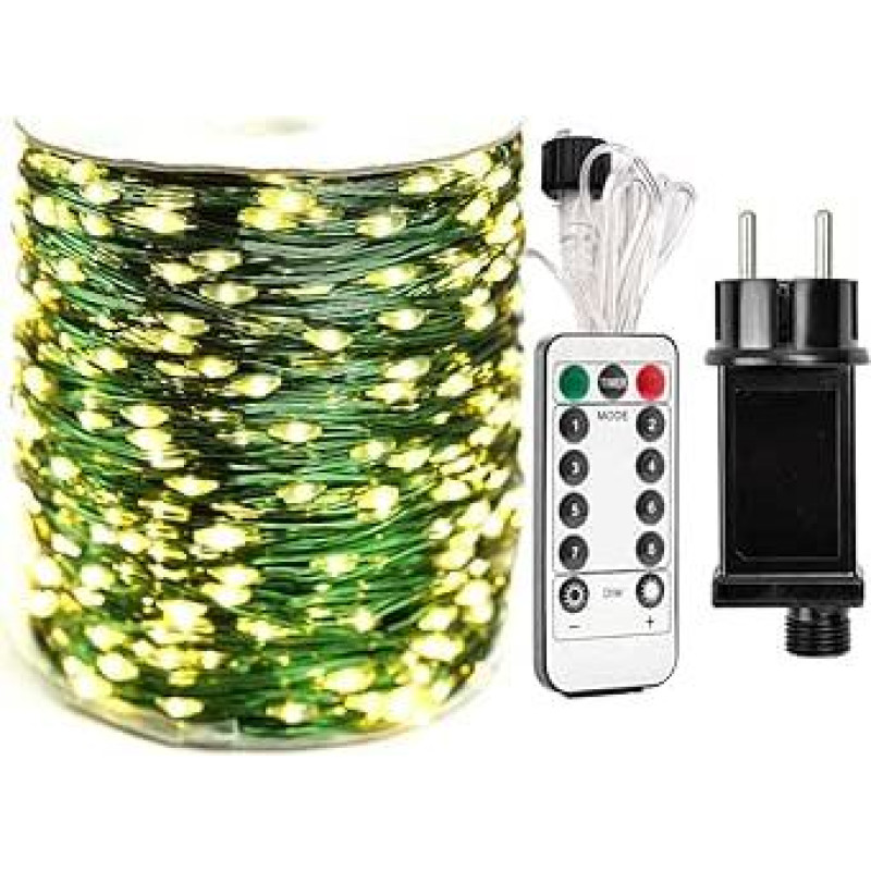 60 m LED pasakų žibintai, žalias varinis laidas, 600 šviesos diodų, šilta balta spalva, atsparūs vandeniui lauke, nematomi augaluose, su nuotolinio valdymo pultu ir 8 režimais, skirti Kalėdų eglutei, kiemui, sodui
