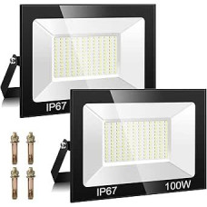 100W LED lauko prožektorius, 2 pakuotės 10000LM 7000K LED lauko prožektorius, 144 mikroschemos, IP67 vandeniui atsparus, vėsiai baltas, apsauginis apšvietimas, LED lauko apšvietimas kiemui, garažui, sodui