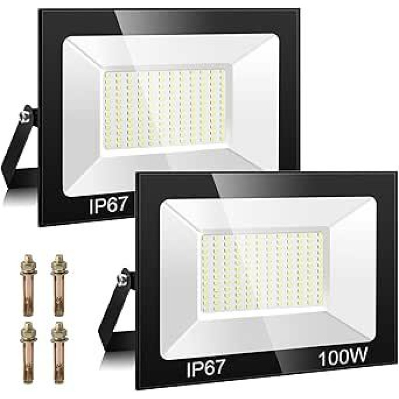 100W LED lauko prožektorius, 2 pakuotės 10000LM 7000K LED lauko prožektorius, 144 mikroschemos, IP67 vandeniui atsparus, vėsiai baltas, apsauginis apšvietimas, LED lauko apšvietimas kiemui, garažui, sodui