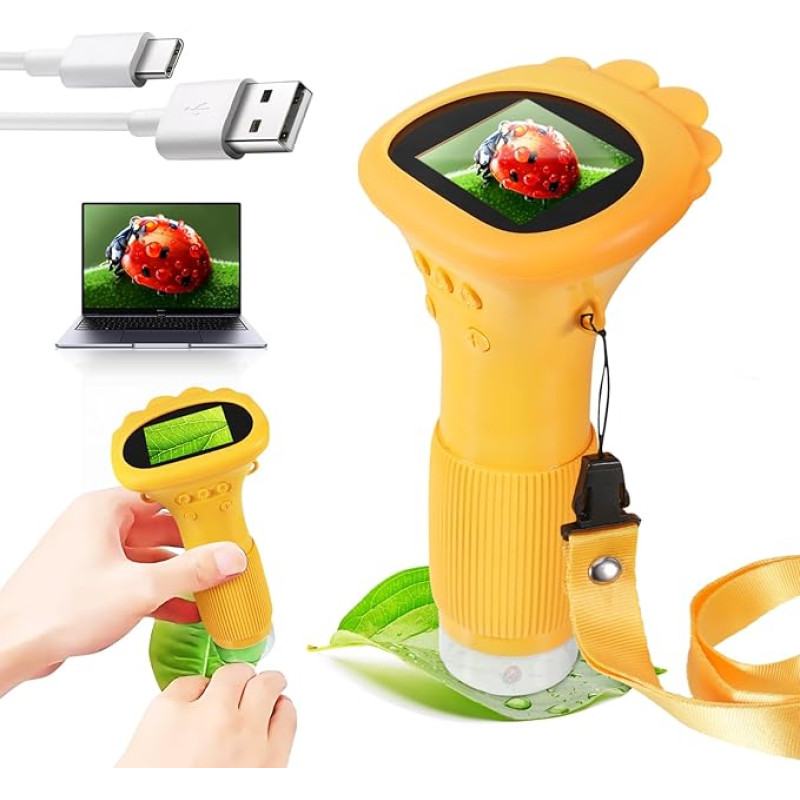 Skaitmeninis mikroskopas vaikams, 2,0 colių IPS kišeninis mikroskopas su LED šviesa, USB jungtimi, 1000x priartinimu, plastikinis, geltonos spalvos