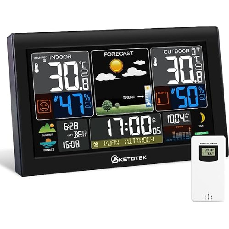 KETOTEK belaidė orų stotelė su lauko jutikliu Vidaus ir lauko temperatūros orų prognozė HD LCD ekranas Skaitmeninis termometras Higrometras, DCF radijo žadintuvas, barometras, saulėtekio, saulėlydžio, saulėlydžio,