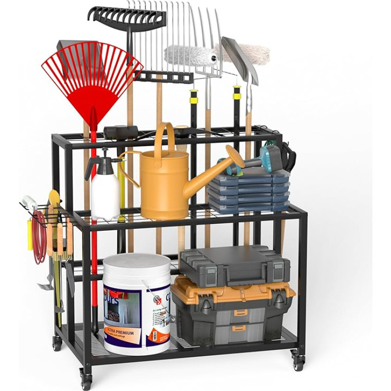 Sodo įrankių laikiklis garažui, anglinio plieno universalus sodo įrankių laikiklis su ratukais, laikiklis sodo įrankiams 80 x 70 x 55 cm