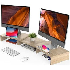 FITUEYES Dual Monitor Stand Wood Rotatable Length Adjustable with Holder Slot for Smartphones Tablet PC Laptop Computer Screen Riser 79-111.2 x 27 x 10.6 cm Oak
