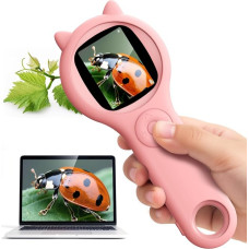 Handheld Microscope for Children, 2.0 Inch IPS Screen, 200X Portable Pocket Microscope, 3 Levels Adjustable LED Lights, USB Connection to PC, Mini Microscope for Children from 3 Years, Pink
