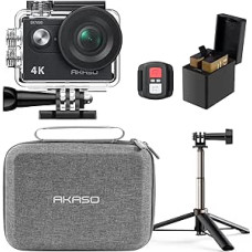 AKASO veiksmo kamera su 60 cm ilgio trikoju ir krepšiu, 4K30FPS 20MP WiFi povandeninis fotoaparatas Ledo stabilizavimas 170° plačiu kampu Ultra HD veiksmo kamera su 4x priartinimu ir 2x 1050 mAh baterijomis