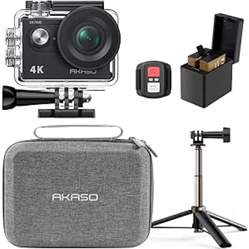 AKASO veiksmo kamera su 60 cm ilgio trikoju ir krepšiu, 4K30FPS 20MP WiFi povandeninis fotoaparatas Ledo stabilizavimas 170° plačiu kampu Ultra HD veiksmo kamera su 4x priartinimu ir 2x 1050 mAh baterijomis