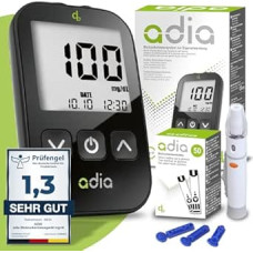 adia Diabeto rinkinys (matavimo vienetas: mg/dl) su 60 gliukozės kiekio kraujyje testo juostelių, lancavimo priemone, 10 lancetų praktiškame krepšyje cukraus kiekiui kraujyje kontroliuoti