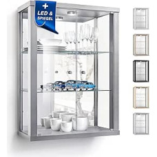 Wall Display Cabinet (80 x 60 x 25 cm) - Made in Germany - Hanging Glass Display Case with 2 Height-Adjustable Glass Shelves Made of ESG, Mirror and LED in Silver/Aluminium - Cabinet with