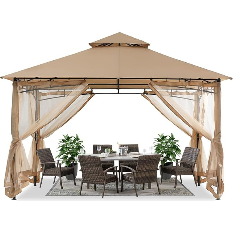 ABCCANOPY 3,35 x 3,35 m sodo pavėsinė kiemui, dvigubas minkštas stogas, sodo pavėsinė su tinklu, skirta pavėsiui ir lietui, smėlio spalvos