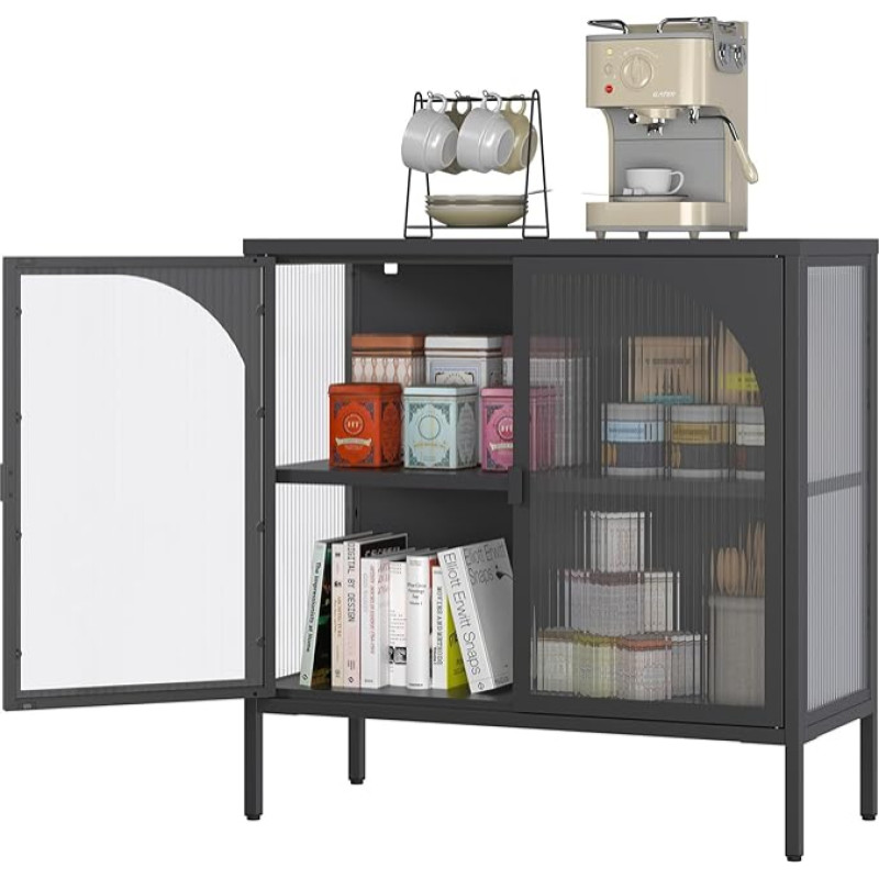 BIZOEIRON Metalinė spintelė su stiklinėmis durelėmis, virtuvės spintelė, stiklinė vitrina su reguliuojama lentyna, virtuvės, valgomojo, svetainės spintelė, 35 D x 80 W x 80 H cm, juoda