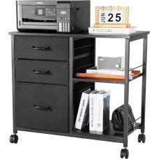 VEVOR dokumentų spinta, stalčių spinta su 3 medžiaginiais stalčiais, riedantis konteineris su 2 atviromis lentynomis, kanceliarinių prekių, spausdintuvo, dokumentų saugojimo spinta (juoda, 75 x 40 x 68 cm)