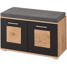 Juodos spalvos smagus batų suolas su sėdyne, amatininkų ąžuolo išvaizdos su medžio aplikacijomis, patogus suolas su daiktadėže prieškambaryje, 84 x 53 x 38 cm (plotis x aukštis x gylis)