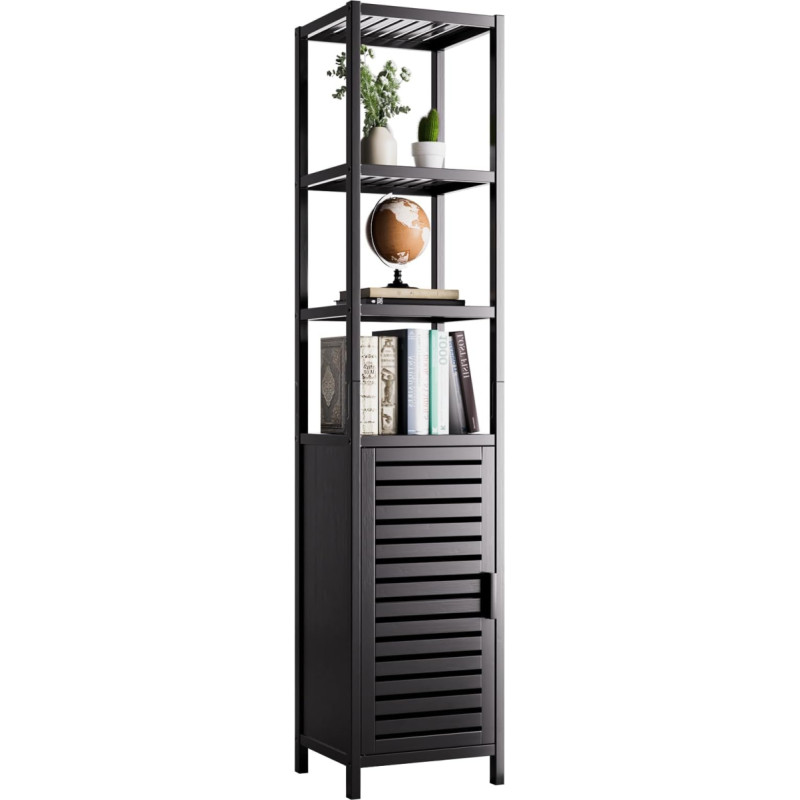 HITNET Vonios spintelė Bambuko juoda vonios kambario spintelė Aukšta spintelė Siaura laisvai stovinti grindų spintelė su atvira lentyna ir vienguba durele