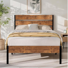 VECELO lovos rėmas 90 x 200 cm, metalinė lova su storu mediniu galvūgaliu ir lentjuostėmis, dvigulė lova su po lova esančia saugykla, puikiai tinka miegamajam, ruda spalva