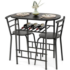 GIANTEX 3 dalių valgomojo rinkinys 1 mažas ovalus stalas ir 2 kėdės su butelių laikikliu Medienos tekstūros stalviršis, tvirtas metalinis rėmas (natūralus) (juodas)