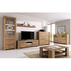 Generisch Sky Wohnzimmer Set, Wohnwand mit Vitrine Kommode Sideboard Lowboard, Riviera Eiche, 197cm Höhe, Modern, Montage erforderlich, MDF/Spanplatte (ohne Beleuchtung)