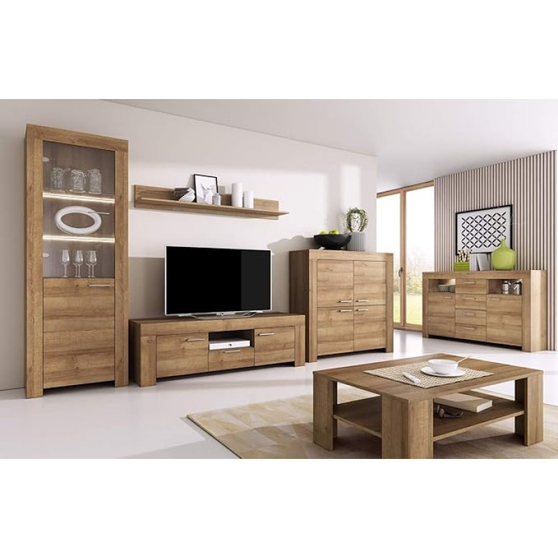 Generisch Sky Wohnzimmer Set, Wohnwand mit Vitrine Kommode Sideboard Lowboard, Riviera Eiche, 197cm Höhe, Modern, Montage erforderlich, MDF/Spanplatte (ohne Beleuchtung)