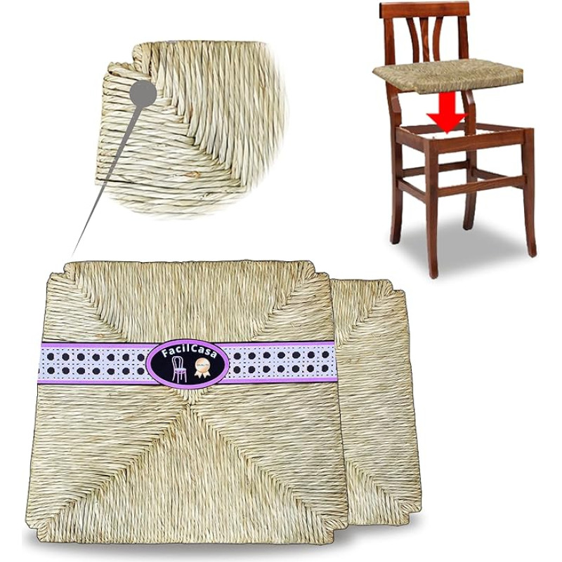 FacilCasa Sėdynės iš tikrų šiaudų 2 keičiamos sėdynės, pritvirtintos prie pagrindo Pour Chaise, siège Robust Paille véritable Marais | Fond Manuel Instructions de Montage | 37,5 x 33 x H 3 cm