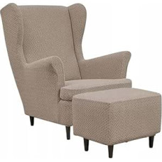 Domidekor Wing Chair Cover & Ottoman Protective Cover - Armchair Cover Stretch + Upholstered Stool Beige - Strandmon Armchair Cover and Stool Cover - Elastic Velvet Velour Dirt-Repellent - Oeko-Tex