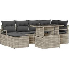Rantry 7-teiliges Garten Sofa Set mit Kissen Hellgrau Poly Rattan Gartenlounge Model3348858