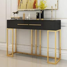 Konsolentisch für Flur, schlanker Beistelltisch hinter dem Sofa, Ablagefläche, Marmor-Spiegelvitrine, moderner Eingangstisch, eleganter goldener Metall-Konsolentisch mit Marmorplatte, 2 Schu