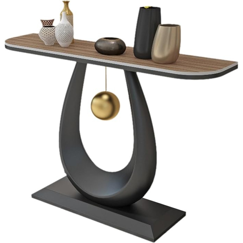 Eleganter schwarzer Konsolentisch mit Rockboard-Platte und Eisengestell, schmaler Eingangstisch mit abgerundeten Kanten und geschwungenen Seiten, stilvoller goldener Akzent für Foyer oder Fl