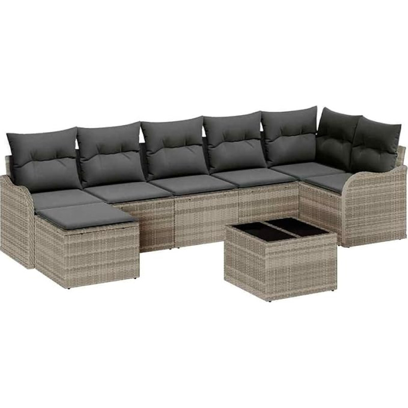 8-teiliges Garten Sofa Set mit Kissen Grau Poly Rattan, 2-Sitzer Garten Sofa mit Kissen Hellgrau Poly Rattan Gartenlounge Modelis3345802