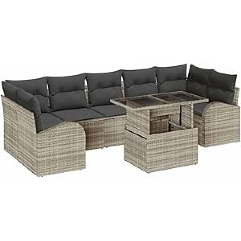 8-teiliges Garten-Sofa-Set mit Kissen Hellgraues Poly-Rattan, 2-Sitzer Garten-Sofa mit Stauraum & Kissen Hellgraues Poly-Rattan Gartenlounge Modelis3357335
