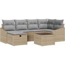 7-teiliges Gartensofa-Set mit Kissen in Beige aus Poly-Rattan Gartenlounge Modelis3360621