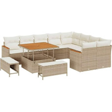 12-teiliges Garten Sofa Set mit Kissen Beige Poly-Rattan Akazie Gartenlounge Model3365026