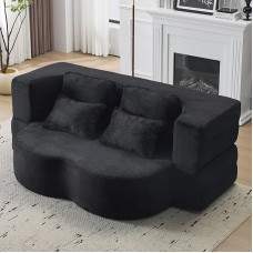 EMKK sofa lova 2 sėdimos vietos 200 cm, pliušinė futono sofa, sulankstoma sofa lova, sulankstoma grindų sofa su porankiais ir 2 pagalvėlėmis, pliušinis audinys ir putplastis, skirta svetainei, miegamajam (juoda)