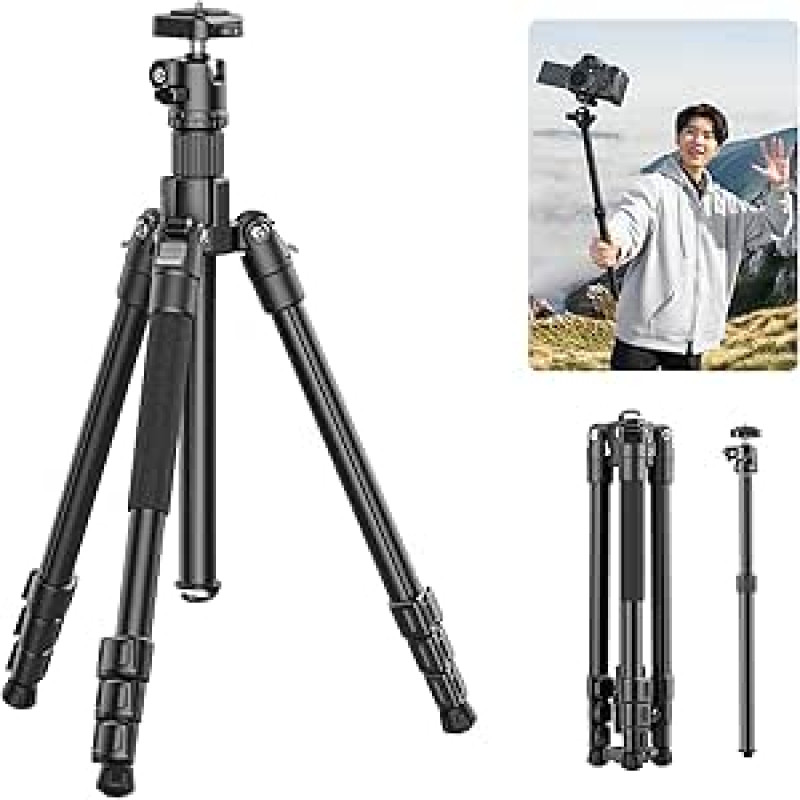 ULANZI TT53 Trikojis fotoaparatui iš aliuminio su 360° panoramine rutuline galvute ir Uka greitojo nuėmimo plokštele, 180 cm lengvas fotoaparato trikojis su nuimama centrine kolonėle, skirtas visiems DSLR fotoaparatams, sveria tik 1,2 kg