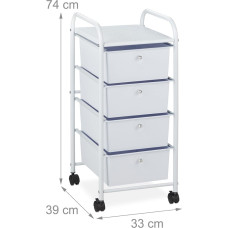 Relaxdays bathroom trolley, 4 drawers, metal and plastic, rolling container, bathroom, cosmetics, H x W x D: 74 x 33 x 39 cm, white, plastic