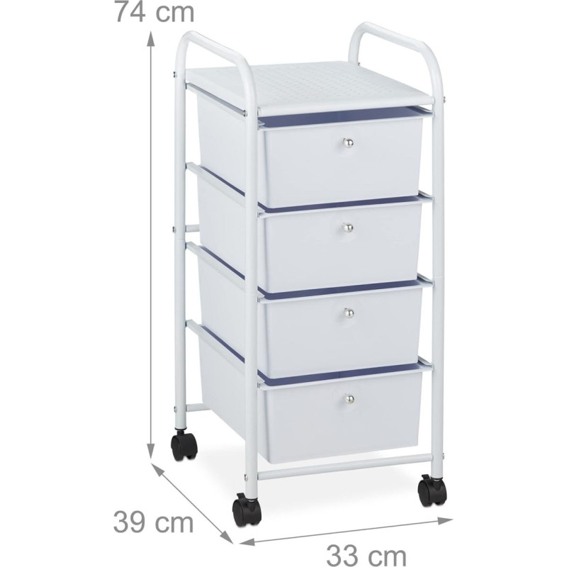 Relaxdays bathroom trolley, 4 drawers, metal and plastic, rolling container, bathroom, cosmetics, H x W x D: 74 x 33 x 39 cm, white, plastic