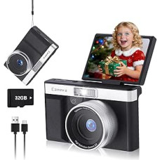 Skaitmeninis fotoaparatas 2 colių LCD 180° foto kamera, Vlogging Photo Device Kompaktiškas fotoaparatas su 5X skaitmeniniu priartinimu, 32 GB mikro atminties kortele, skirtas paaugliams, studentams ir pradedantiesiems