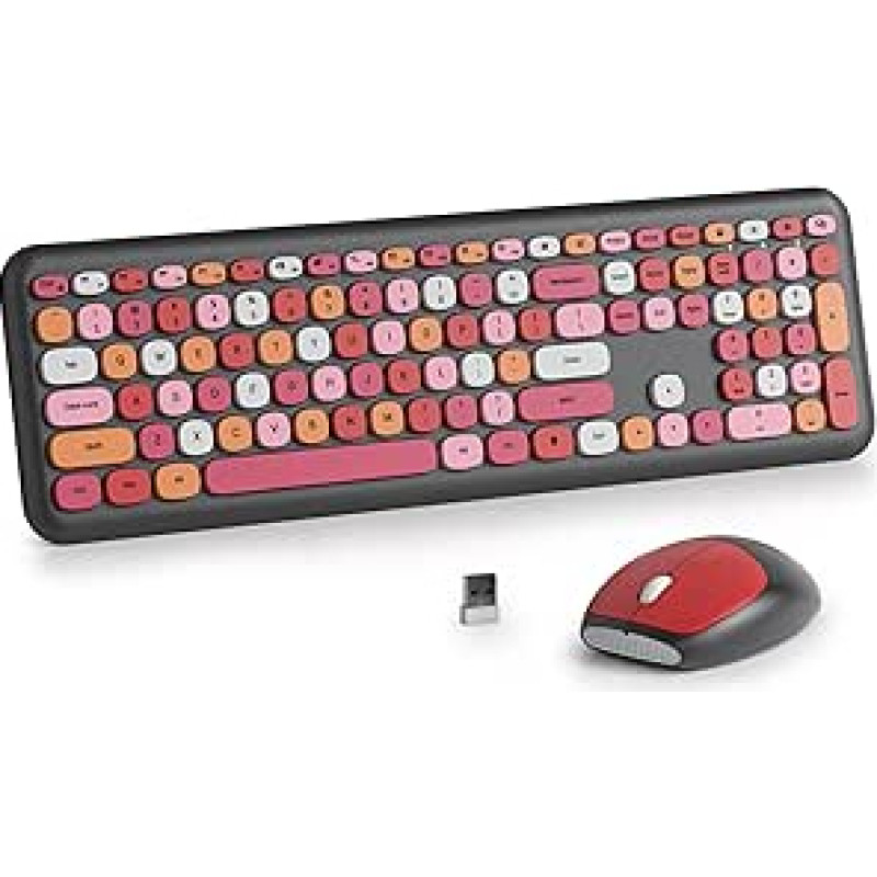 Belaidė klaviatūra ir pelė, retro spalvinga belaidė klaviatūra su tyliąja pele, amerikietiška QWERTY, miela belaidė rašomosios mašinėlės klaviatūra, USB 2,4 GHz, skirta kompiuteriui 666-juoda raudona
