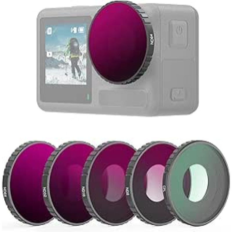 NEEWER 5 ND filtrų rinkinys, suderinamas su DJI Osmo Action3, CPL ND8 ND16 ND32 ND64 neutralaus tankio filtras HD optinio stiklo daugiasluoksnė danga, padengta aliuminio lydinio rėmeliu, skirtas veiksmo kamerų priedams