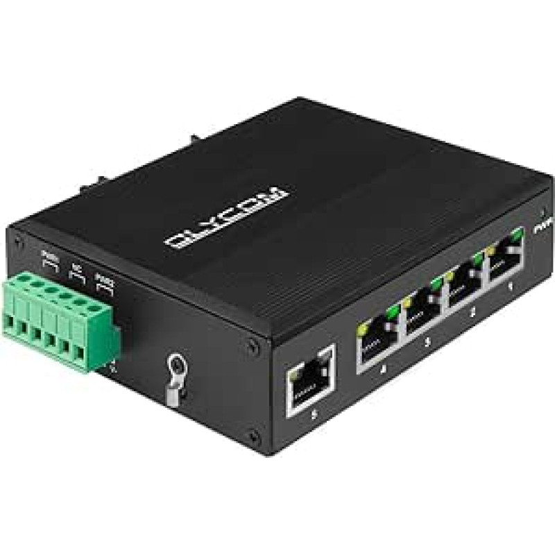 5 prievadų pramoninis POE Gigabit Ethernet jungiklis su DIN laikikliu 4 x Gigabit Ethernet prievadai su POE 30 W, iš viso 120 W IP40 Darbinė temperatūra -40° - 75°C (POE (48VDC))