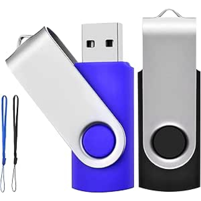 2 pakuotės 32 GB USB 2.0 atmintinė su virvelėmis, besisukanti su virvelėmis Gera dovana vaikams, tėvams ir draugams (32 GB, juoda/mėlyna)
