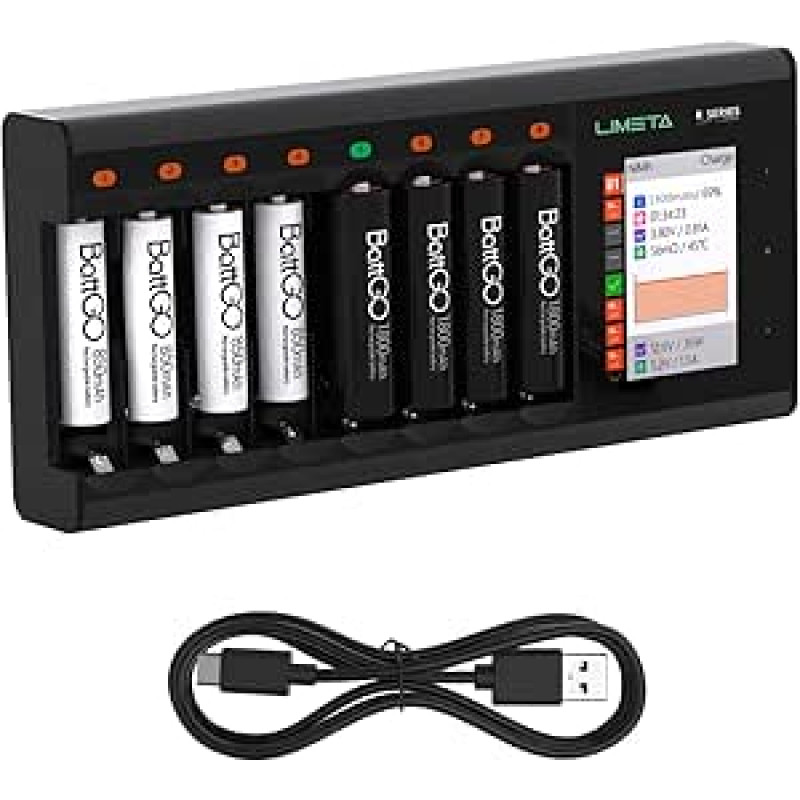 LIMETA R8 Intelligent Battery Charger for AA AAA, 8-Slot USB C Battery Fast Charger with Repair/Analysis/Discharge/LCD Display, for NIMH NICd LiHv 3.7V Li-lon Eneloop Rechargeable